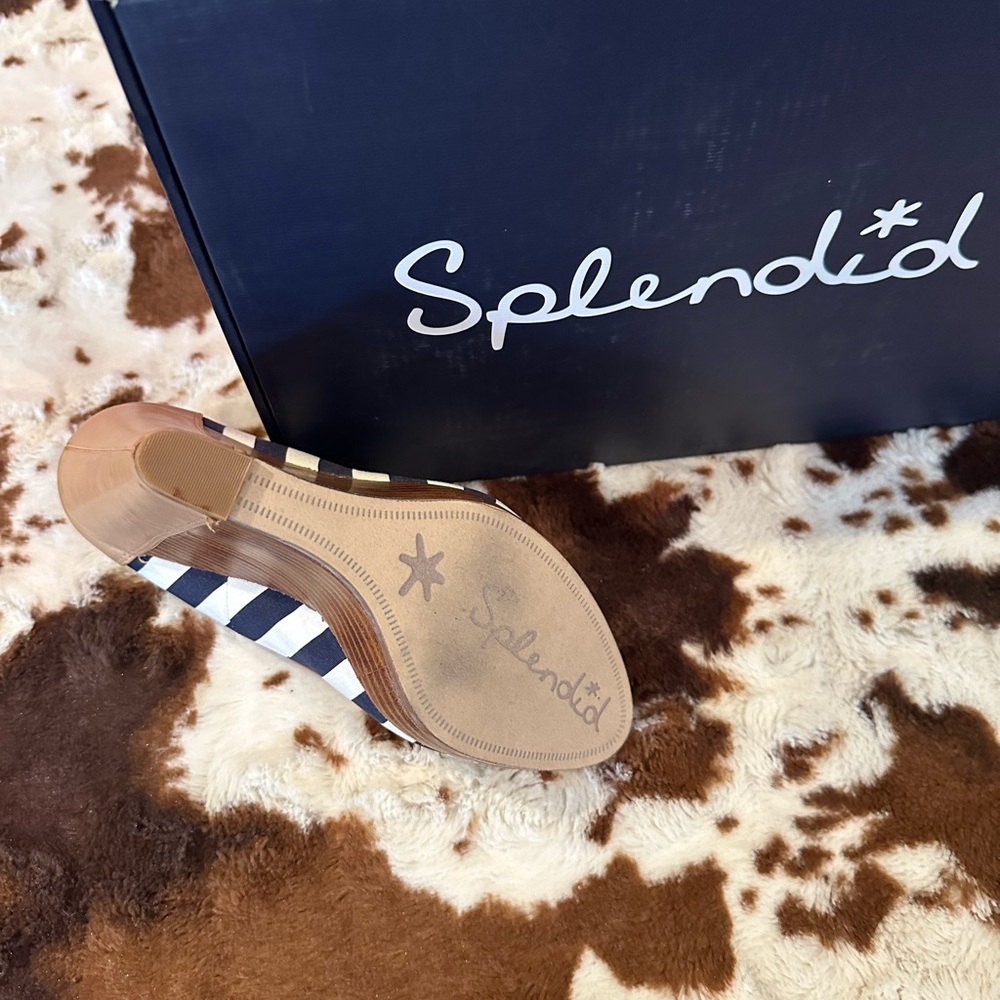 Splendid Navy and White Striped Peep-Toe Wedges with Tan Trim - Picture 6 of 7